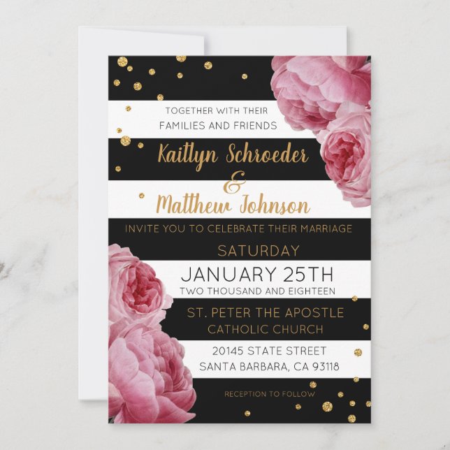 Invitación Rosas de stripe y Purpurinas de Boda moderno (Anverso)