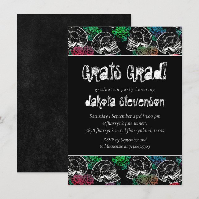 Invitación Rosas de Sugar Skull Ombre | Partido de Graduación (Anverso / Reverso)
