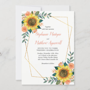 Invitación Rosas de Sunflower Peach Boda geométrico moderno