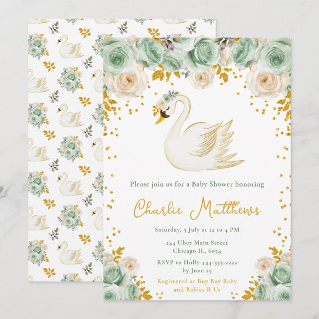 Invitación Rosas de Swan Sage Green y Gold Baby Shower (Anverso / Reverso)