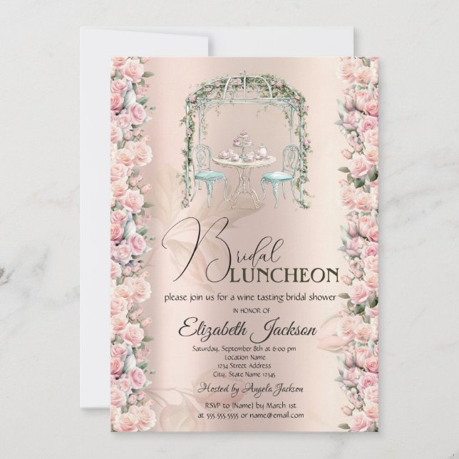 Invitación Rosas de Té con Estilo para Almuerzo de Novia (Anverso)