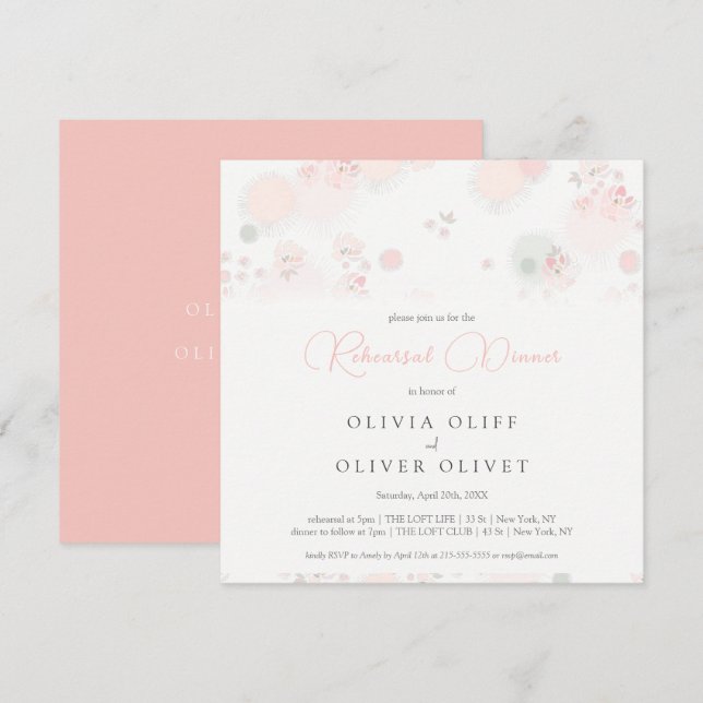 Invitación Rosas de té suaves ensayan cena (Anverso / Reverso)