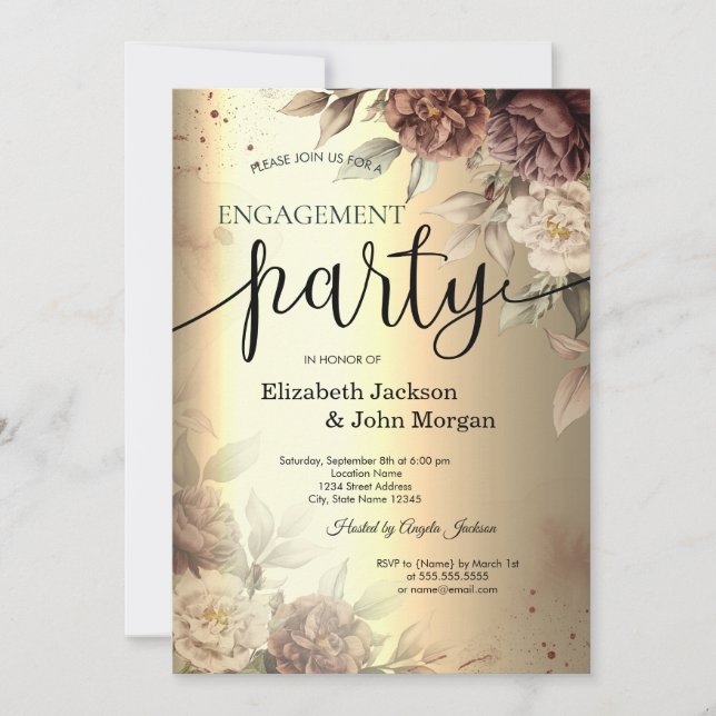 Invitación Rosas de Terracota Elegante Compromiso Escritura e (Anverso)