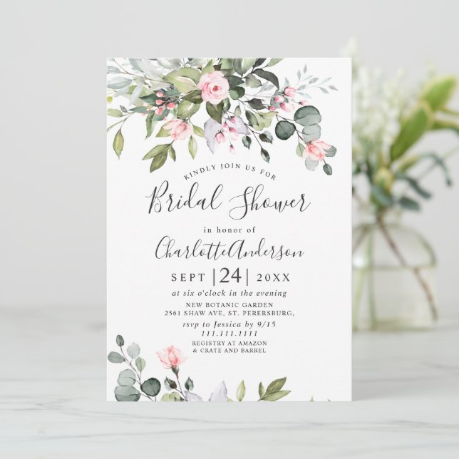 Invitación Rosas de Tinte de Eucalipto Elegantes para Ducha N (Anverso de pie)