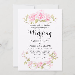 Invitación Rosas de Tinte Romántico y Boda con Lazo Rosa