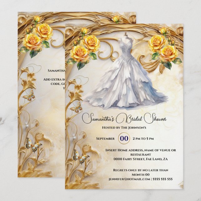 Invitación Rosas de traje de novia dorado amarillo con flores (Anverso / Reverso)