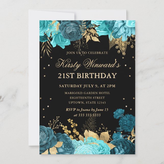 Invitación Rosas de Turquesa y Oro Floral 21º cumpleaños (Anverso)