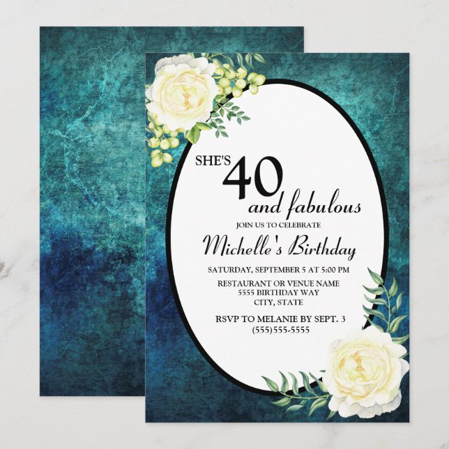 Invitación Rosas de Uvas Turquesa y Blancas Cumpleaños 40 (Anverso / Reverso)