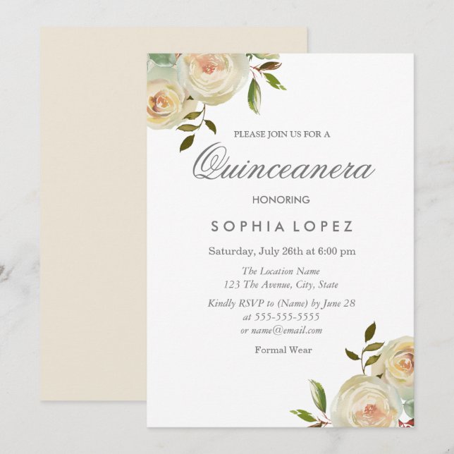 Invitación Rosas de vainilla White Cream Elegante Quinceanera (Anverso / Reverso)