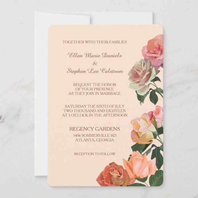 Invitación Rosas de verano en el Boda Peach (Anverso)