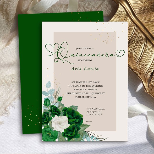 Invitación Rosas de verde esmeralda y marfil elegantemente qu (Quinceanera Invitation from the Royal Rose Emerald Green Quinceanera Collection by Darling & May)