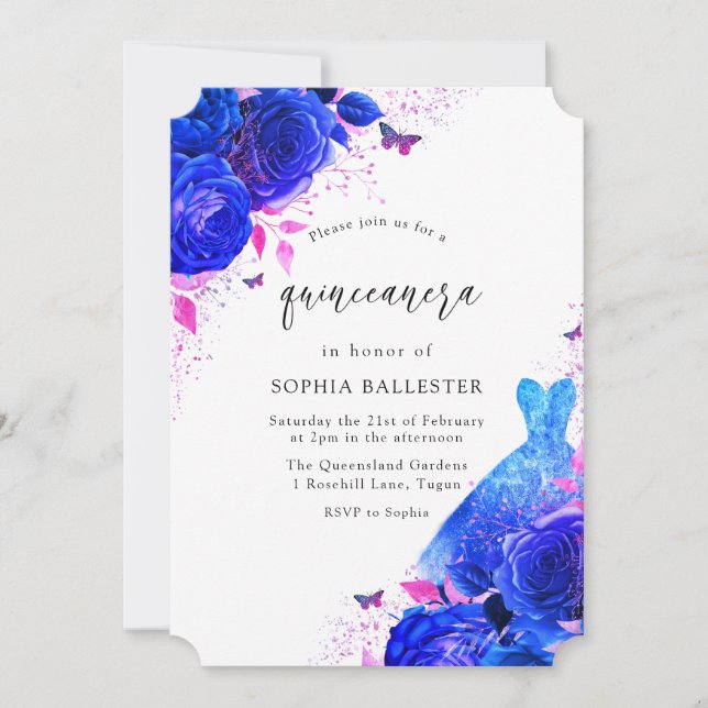 Invitación Rosas de Vestidos de Espuma Azul y Rosa Quinceaner (Anverso)