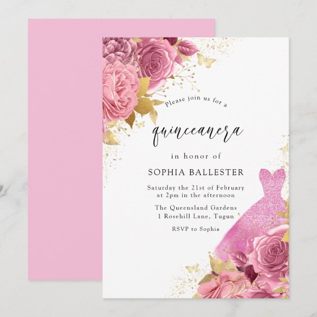 Invitación Rosas de Vestidos Rosa y Oro Quinceanera Fiesta (Anverso / Reverso)