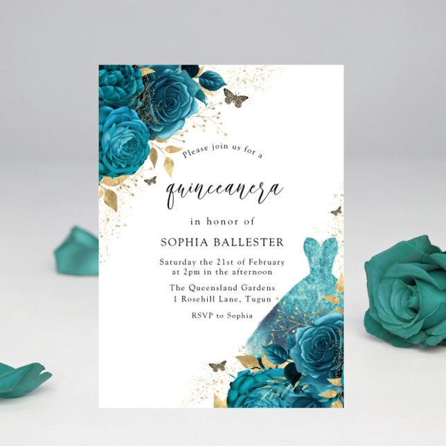 Invitación Rosas de Vestidos verde azulados y de Oro Quincean (Subido por el creador)