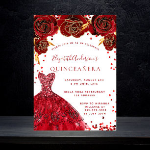 Invitación Rosas de vestimenta blanca y roja de Quinceanera