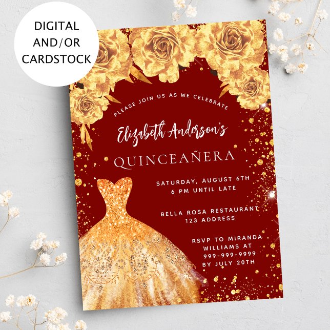 Invitación Rosas de vestimenta de purpurina rojo Quinceanera (Subido por el creador)