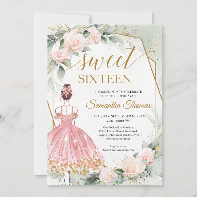 Invitación Rosas de vestimenta rosa y oro eucalipto (Anverso)
