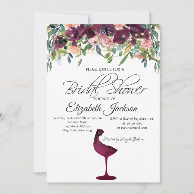 Invitación Rosas de vidrio de vino de Borgoña Ducha de novia (Anverso)