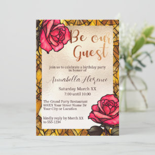 Invitación Rosas de Vidrio Emplomado Dorado La Bella y La Bes