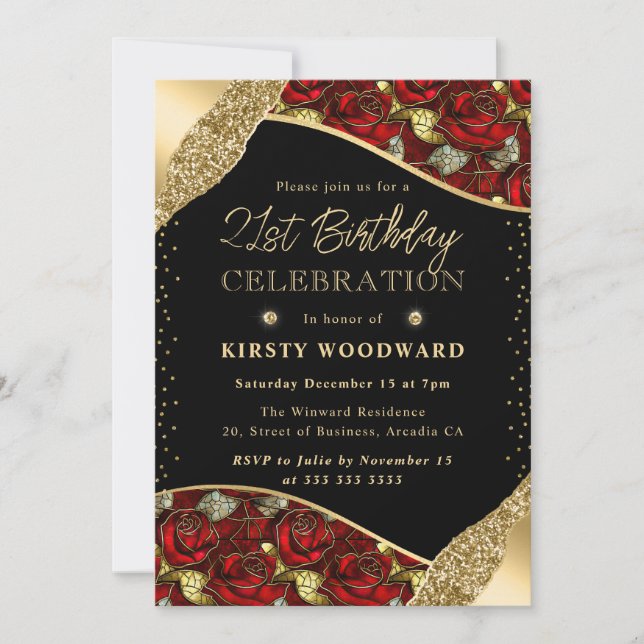 Invitación Rosas de vidrio tintado rojas y doradas Cumpleaños (Anverso)