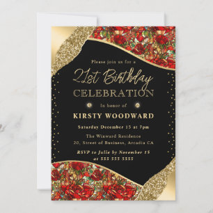Invitación Rosas de vidrio tintado rojas y doradas Cumpleaños