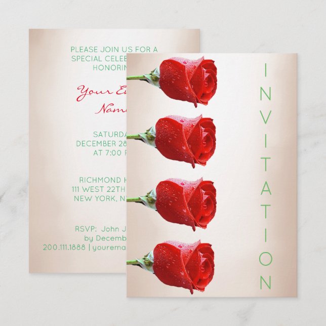 Invitación Rosas De Vip Formales De Marfil Verde Morado (Anverso / Reverso)