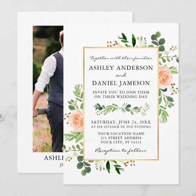 Invitación Rosas de Watercolor Greenery Peach Boda de fotos (Anverso / Reverso)