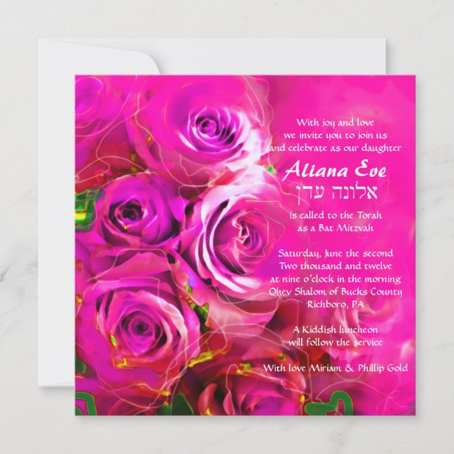 Invitación Rosas DE WATERCOLOR PINK NEON Bat Mitzvah Invitaci (Anverso)