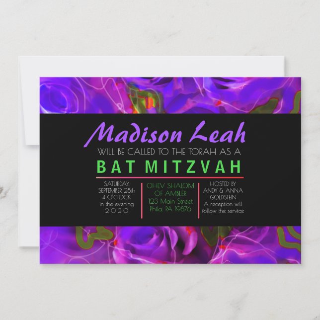 Invitación Rosas DE WATERCOLOR PURPLE NEON Bat Mitzvah (Anverso)