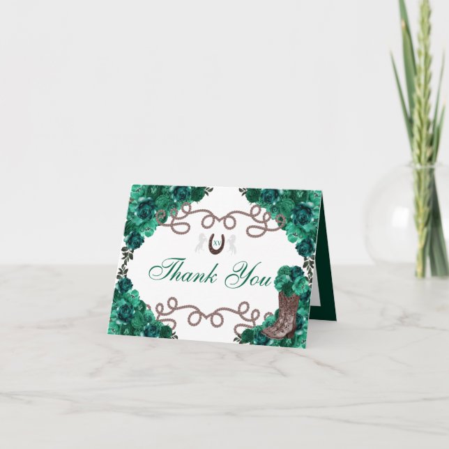 Invitación Rosas de Western Green Charra Quinceanera Gracias (Anverso)