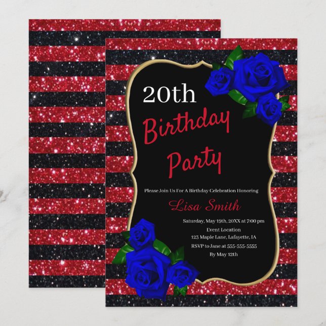 Invitación Rosas Deep Blue del Purpurina de las franjas rojas (Anverso / Reverso)