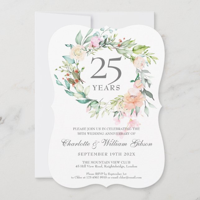 Invitación rosas del 25° Aniversario de la Boda Greenery Garl (Anverso)