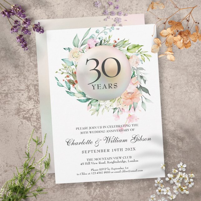 Invitación rosas del 30° Aniversario de la Moda Floral Pearl (Subido por el creador)