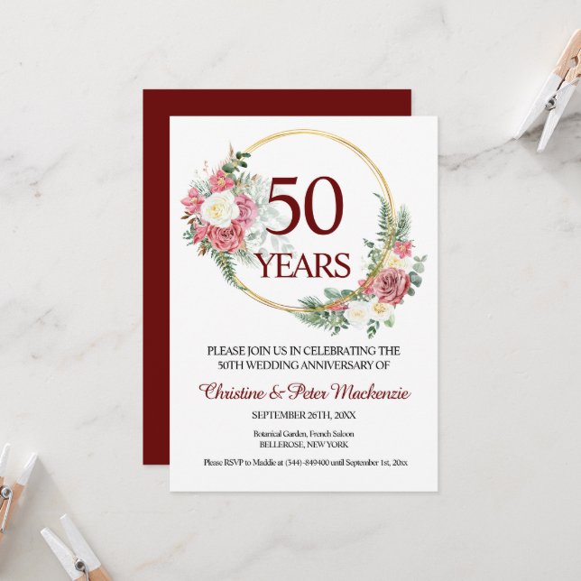 Invitación rosas del 50° Aniversario de los Bodas de Oro (Anverso/Reverso In Situ)