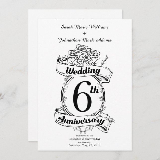 Invitación Rosas del 6º Aniversario de Boda (Anverso / Reverso)