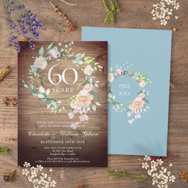 Invitación rosas del 60° Aniversario de la Madera Rústica (60th Wedding Anniversary Roses Rustic Wood Invitation)