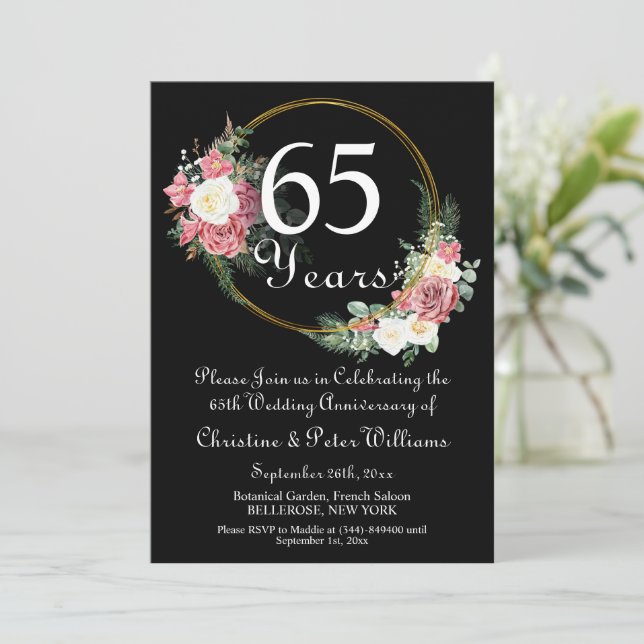 Invitación rosas del 65° Aniversario de los Bodas de Zafiro A (Anverso de pie)
