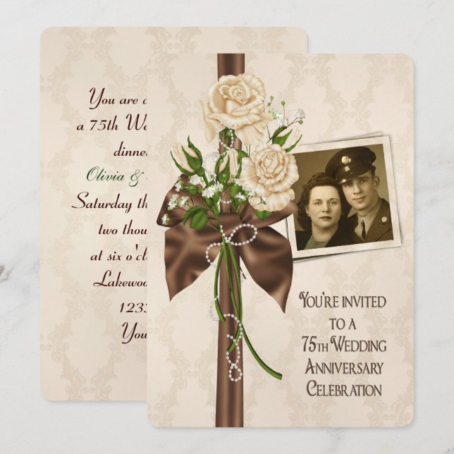 Invitación rosas del 75° Aniversario del Boda (Anverso / Reverso)