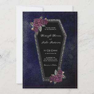 Invitación Rosas del Ataúd Brillan Boda de Halloween de Azul
