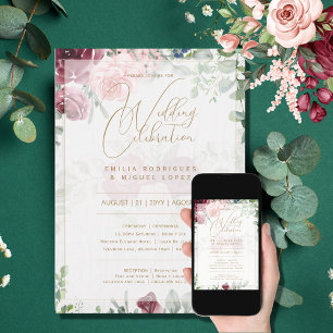 Invitación Rosas del Boda Boda de oro con flores de borgoña b