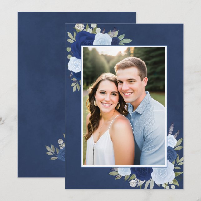 Invitación Rosas del Boho azul desangrado Foto Boda subterrán (Anverso / Reverso)