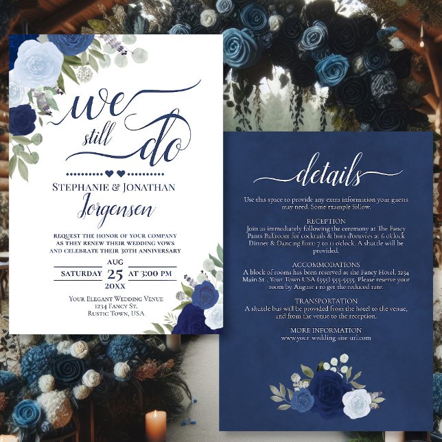 Invitación Rosas del Boho Azul todavía prometemos renovación  (Front/Back)