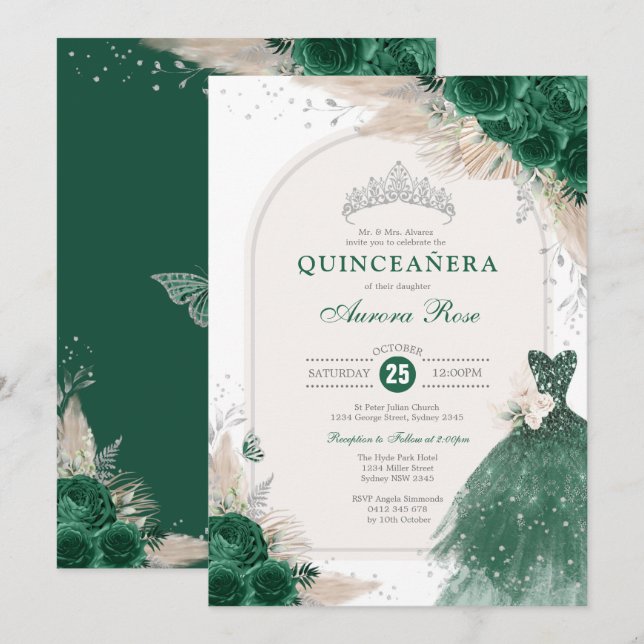 Invitación Rosas del Boho de Plata Esmeralda Princesa Quincea (Anverso / Reverso)