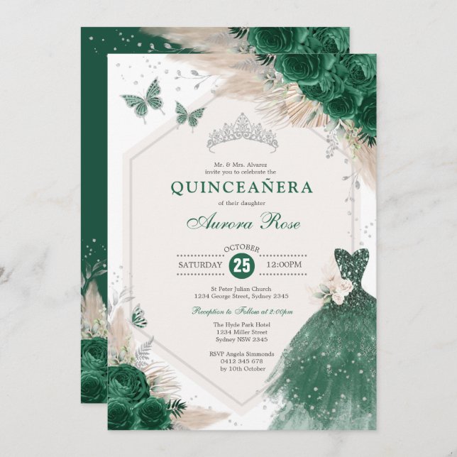 Invitación Rosas del Boho verde esmeralda de plata Fiesta Qui (Anverso / Reverso)