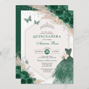 Invitación Rosas del Boho verde esmeralda de plata Fiesta Qui