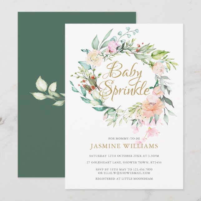 Invitación Rosas del bosque en oro para Baby Sprinkle (Anverso / Reverso)