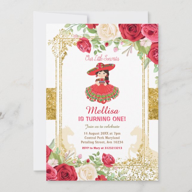 Invitación Rosas del Carro Rojo y cumpleaños mexicano de oro  (Anverso)