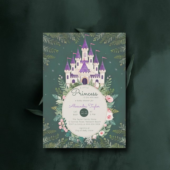 Invitación Rosas del castillo de la princesa encantados (princess girl baby shower invitation enchanted forest magical castle roses greenery frame)