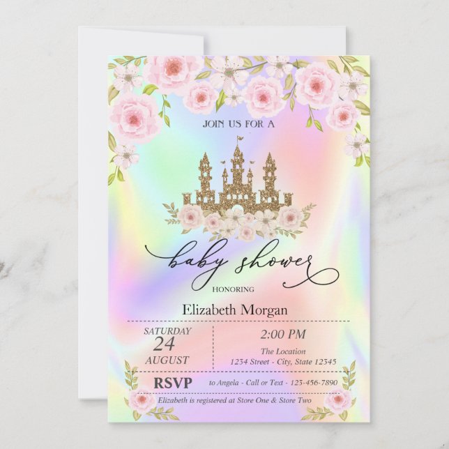 Invitación Rosas del castillo purpurina Holographic Baby Show (Anverso)