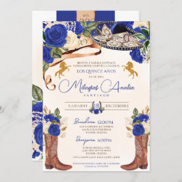 Invitación Rosas del Cobalt Royal Blue Charro Quinceañera Occ